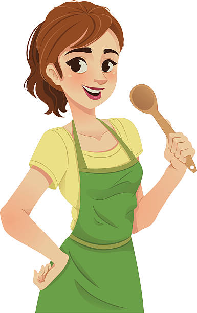 bildbanksillustrationer, clip art samt tecknat material och ikoner med cartoon illustration of a woman with green apron and spoon - brunt hår
