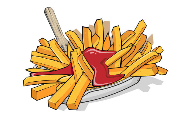cartoon illustration of french fries with ketchup vector art illustration
