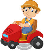 adorable, agriculture, cartoon, cute, driving, fun, funny, gardener, happy, hat, illustration, industrial, industry, landscaper, lawn, male, man, mow, mower, mowing, on, ride, riding, smile, tradesman, vector, worker, working