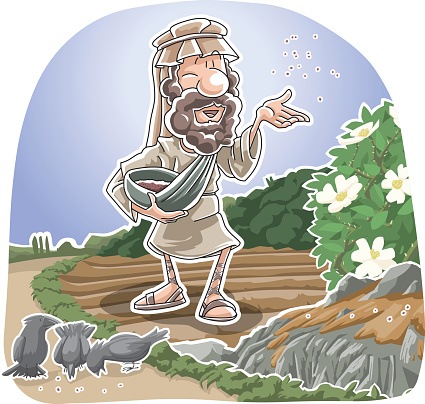 Cartoon illustration of mythical Bible story of the Sower