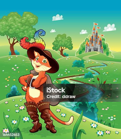 istock Cartoon illustration of Puss in Boots and river with kingdom 164452653
