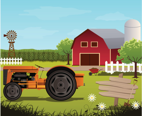 Cartoon image of a farm with a red barn and orange tractor