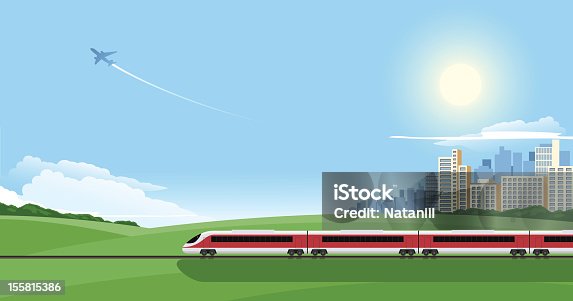 istock Cartoon image of a train on a journey out of the city 155815386