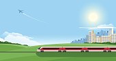 istock Cartoon image of a train on a journey out of the city 155815386
