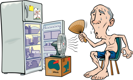 Cartoon image of an old man trying to beat the heat