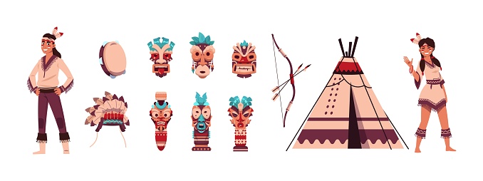 Cartoon Indians. Aztec or Maya persons. Man or woman with ritual shaman Tiki mask, feather headwear and totem. Tribal collection. Drum and bow with arrows. Vector traditional wigwam
