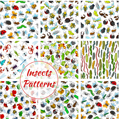 Insects and bugs patterns set. Cartoon smiling bee, worm and beetle, bumblebee hornet, butterfly and fly, chafer, grasshopper or cricket, wasp with caterpillar and ladybug, scorpion and spider, ant and mosquito. Vector seamless background