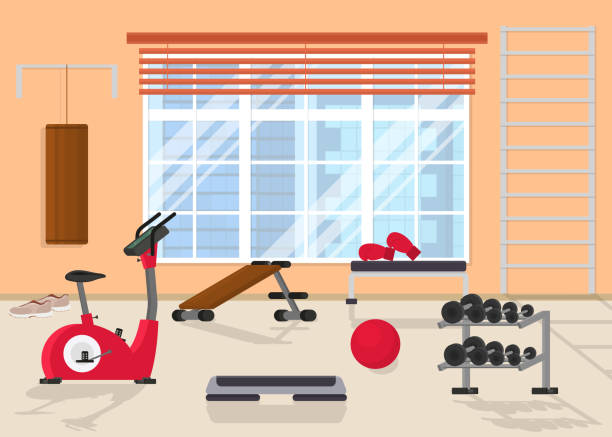 cartoon interior inside home gym mit fenster. vektor - fitnessstudio stock-grafiken, -clipart, -cartoons und -symbole