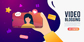 Cartoon internet blogger recording media content. Influencer filming video blog. Girl takes photography on her smartphone vector illustration