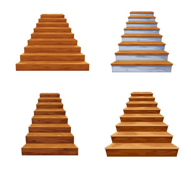 stockillustraties, clipart, cartoons en iconen met cartoon isolated wooden, stone stairs, staircase - old stone stair