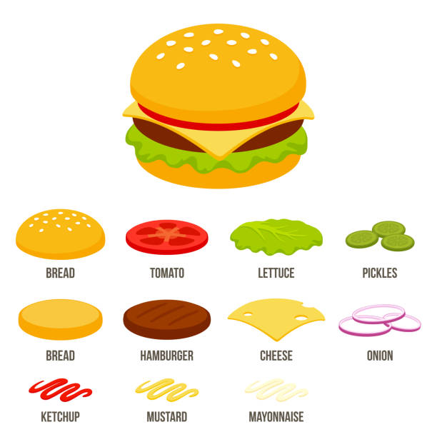 Cartoon isometric burger icon Isometric burger constructor set with different ingredients. Fast food sandwich vector illustration in simple flat cartoon style. burger stock illustrations