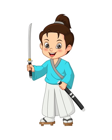 Cartoon Japanese samurai boy with sword