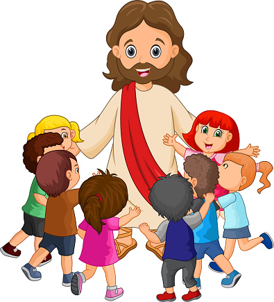 Cartoon Jesus Christ being surrounded by children