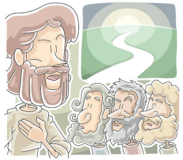 Cartoon Jesus with three followers and a clear path  John 14:5-6. gospel stock illustrations
