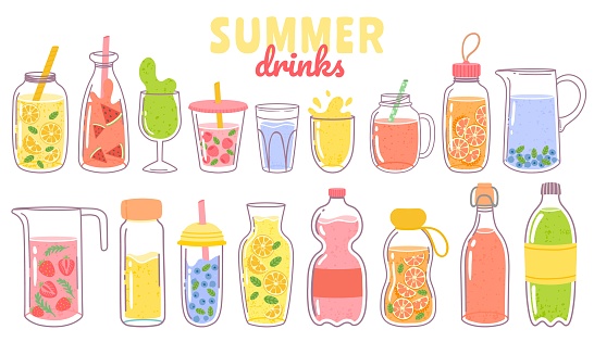 Cartoon juice and lemonade. Refreshing summer drinks with lemon in glass, bottle or jug. Fruit or berry beverages and cocktails vector set