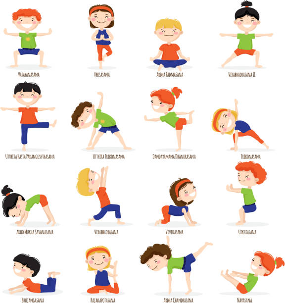 ilustrações de stock, clip art, desenhos animados e ícones de cartoon kids children yoga set - yoga crianças