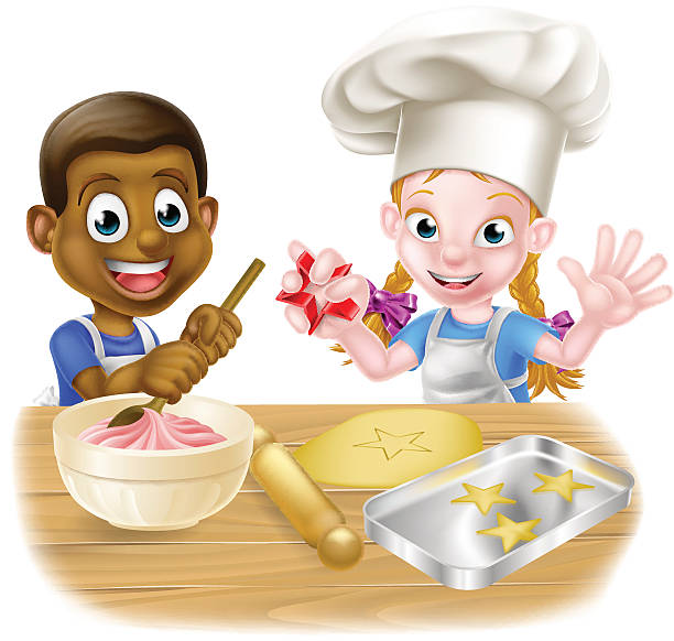Multicultural Children Cooking Illustrations, Royalty-Free Vector