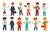 Cartoon kids in professional uniform. Doctor children outfit, businessman kid and baby engineer worker. scientist, policeman and teacher character professions suit. Isolated vector icons set