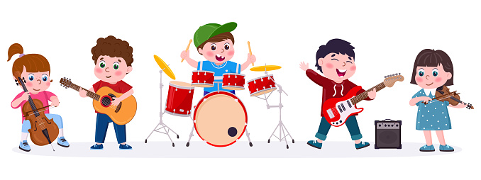 Cartoon kids music band playing musical instruments. Children singing, play guitar, drums and violin vector illustration set. Kids orchestra