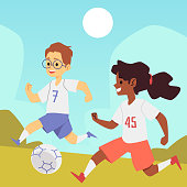 Cartoon kids playing soccer in summer field - boy and girl at sport game competition kicking a football in outdoor park. Vector illustration of children with ball.