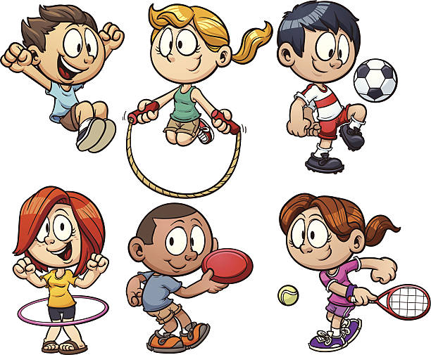 Cartoon kids playing Cartoon kids playing. Vector clip art illustration with simple gradients. Each on a separate layer. frisbee stock illustrations
