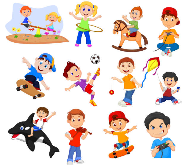 illustrazioni stock, clip art, cartoni animati e icone di tendenza di bambini dei cartoni animati con hobby diversi su sfondo bianco - joystick soccer