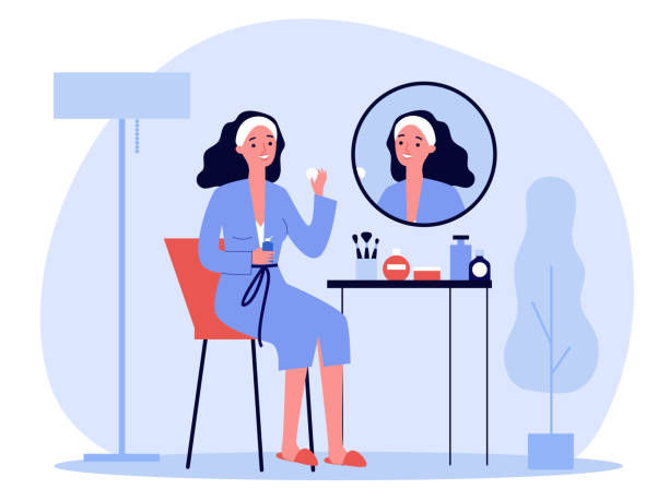 Cartoon lady in front of mirror washing face skin Cartoon lady in front of mirror washing face skin flat vector illustration. Young girl doing morning routine procedures for beauty. Skincare and hygiene concept skin care stock illustrations
