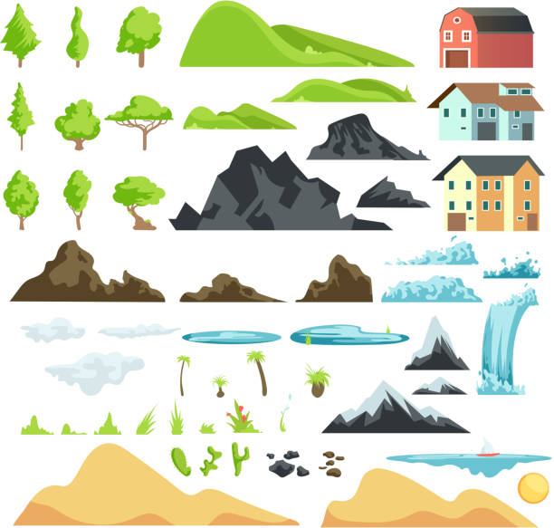 bildbanksillustrationer, clip art samt tecknat material och ikoner med tecknade landskap vector-element med berg, kullar, tropiska träd och byggnader - sjö