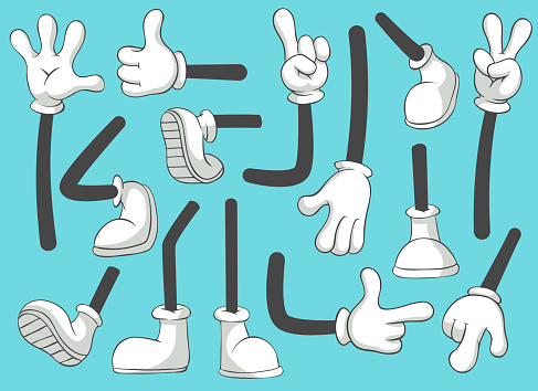 Cartoon legs and hands. Leg in boots and gloved hand, comic feet in shoes. Glove arm vector isolated illustration set