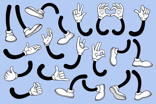 Cartoon legs and hands. Leg in white boots and gloved hand, comic feet in shoes and arm with various gestures. Vector mascot elements. Waving and showing heart with hands, walking foot