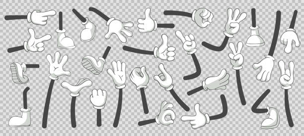 Cartoon legs and hands. Legs in boots and gloved hands. Vector isolated illustration set Cartoon legs and hands. Legs in boots and gloved hands. Feet and glove hand character or foot in sneakers kicking, walking and running. Vector isolated illustration symbols set leg stock illustrations