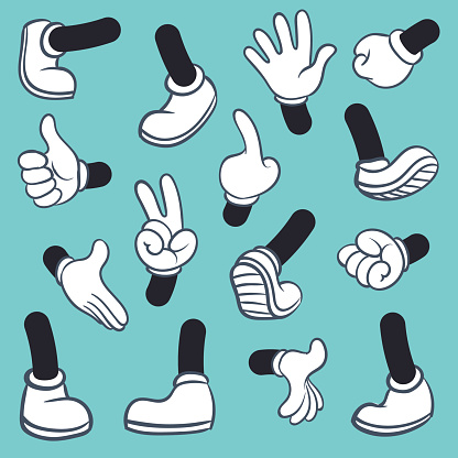 Cartoon legs hands. Leg in boots and gloved hand, gestures parts body comic feet in shoes different poses. Vector illustration set