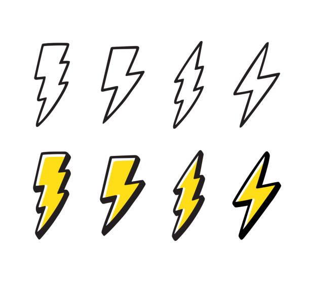 Cartoon lightning doodle set Cartoon lightning doodle set. Hand drawn thunder bolts, black line art and color. Vector illustration collection, isolated on white background. lightning drawings stock illustrations