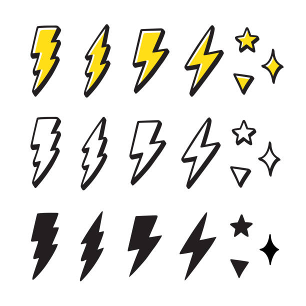 Cartoon lightning doodle set Set of cartoon style lightning bolts and stars. Hand drawn doodles, black and white and color. Vector design elements illustration. lightning clipart stock illustrations