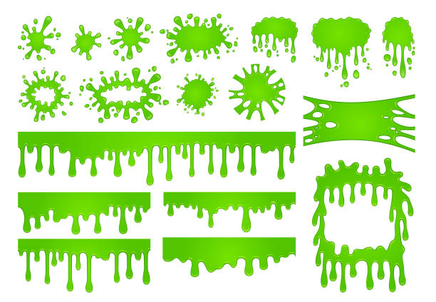 액체 점액 만화. 녹색 goo 페인트 방울, 짜증 플래쉬 테두리와 무서운 할로윈 얼룩 벡터 세트 - 끈적거리는 stock illustrations