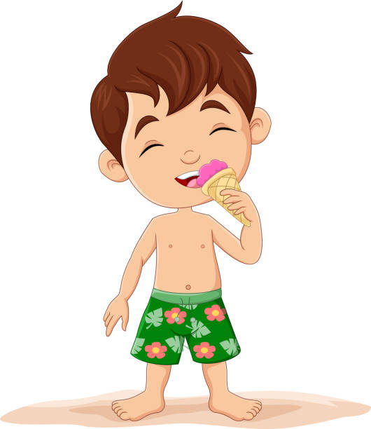 アイスクリームを食べる漫画の小さな男の子 - スクール水着点のイラスト素材／クリップアート素材／マンガ素材／アイコン素材