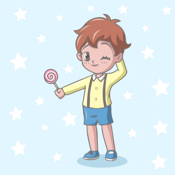Cartoon little boy holding lollipop candy Vector Illustration of Cartoon little boy holding lollipop candy drawing of a cute little anime boy stock illustrations