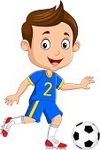 Vector illustration of Cartoon little boy playing a football