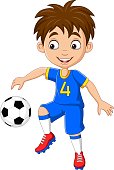 Vector illustration of Cartoon little boy playing football