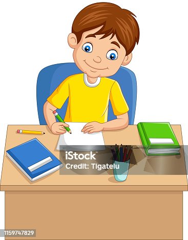 Funny Boy Cartoon Studying At A Desk Clipart Image