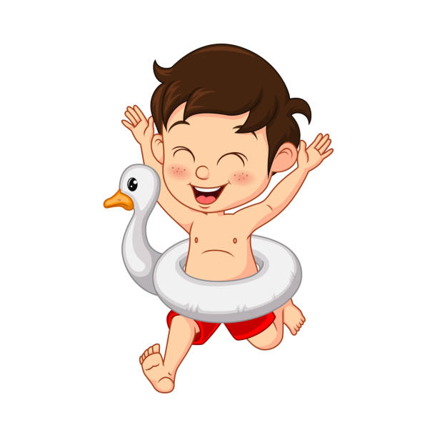 stockillustraties, clipart, cartoons en iconen met het weinig jongen van het beeldverhaal met opblaasbare eendenring - swimming baby