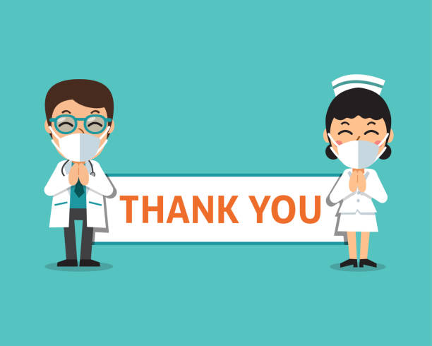 Cartoon male doctor and female nurse wearing protective masks with thank you sign Cartoon male doctor and female nurse wearing protective masks with thank you sign for design. doctor borders stock illustrations