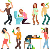 Cartoon man and woman alcoholic. People drunkard in bad situation vector set. Drunkard man, drunk and alcoholic illustration