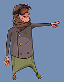 cartoon man in winter clothes points a finger