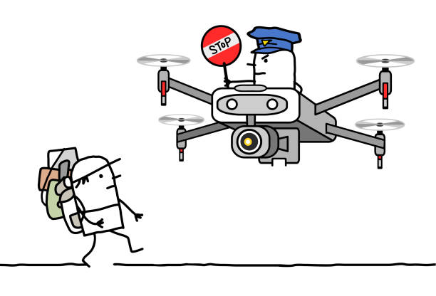 Cartoon man with backpack stopped by a cop riding a drone hand drawn Cartoon man with backpack stopped by a cop riding a drone drone borders stock illustrations
