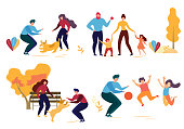 Cartoon People Character in Park Vector Illustration. Man Woman Play with Dog. Family Walk Mother Daughter Son Father. Children Jump Game with Ball. Autumn Season Outdoors. Activity Nature Leisure