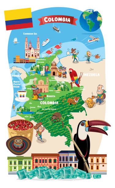 мультфильм карта колумбии - колумбия stock illustrations