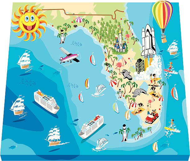 Cartoon map of Florida Cartoon map of Florida map of florida beaches stock illustrations