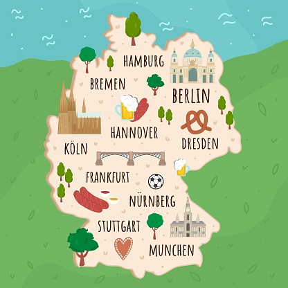 Cartoon map of Germany. Travel illustration with german landmarks, buildings, food and plants. Funny tourist infographics. National symbols. Famous attractions. Vector illustration