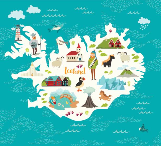 stockillustraties, clipart, cartoons en iconen met cartoon kaart van ijsland - ijslandse paarden